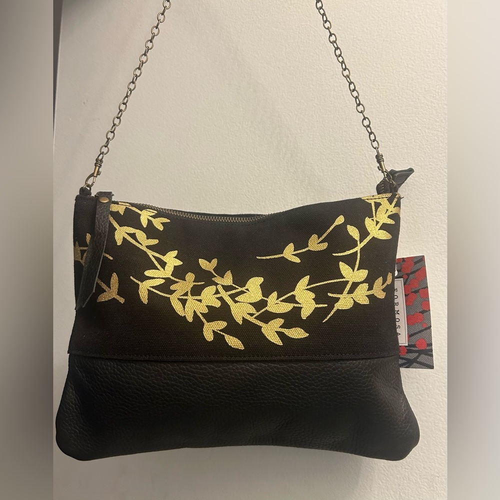 🆕 Formosa Design Australia Black Leather Hand Printed Canvas Crossbody Clutch